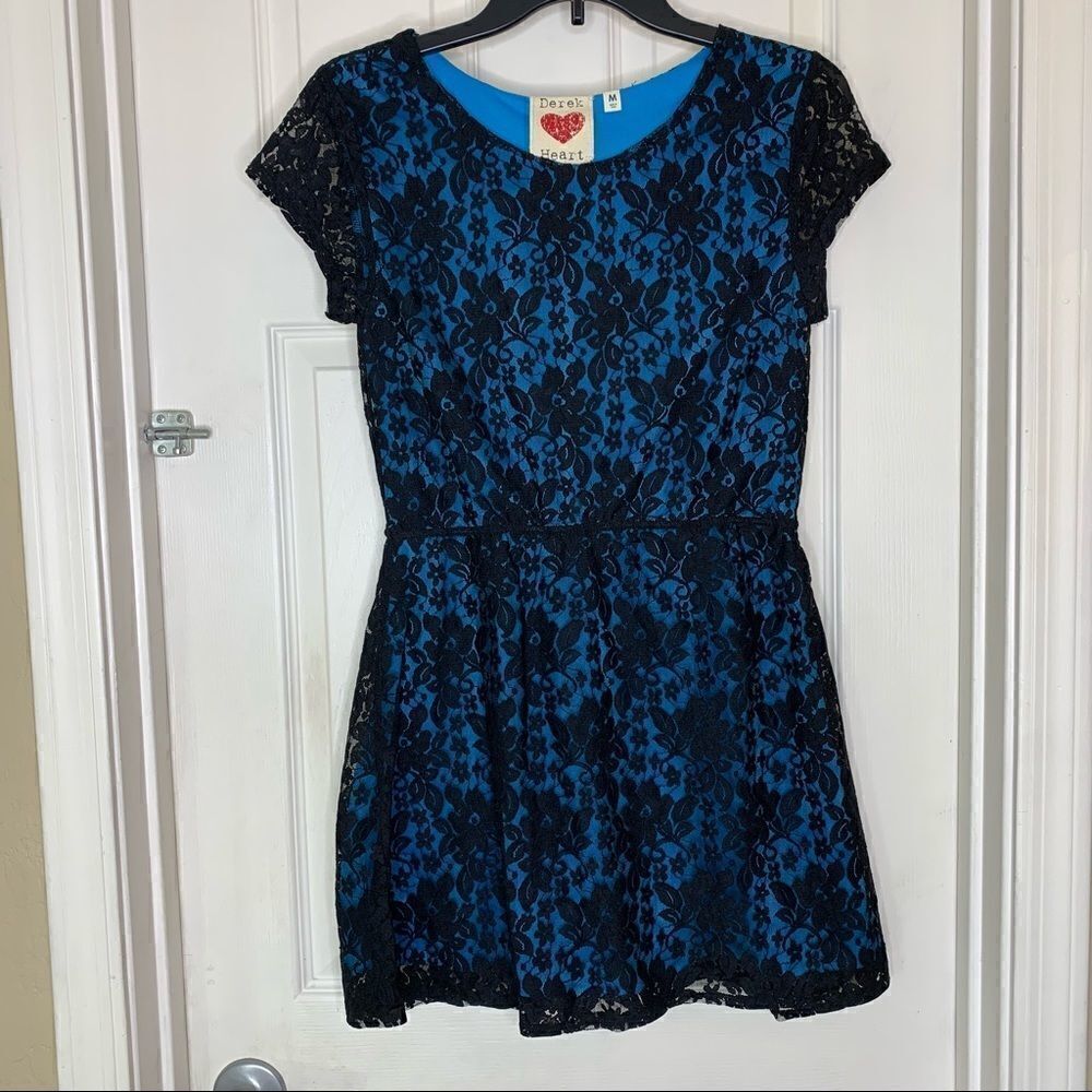 Derek Heart Blue Dress Black Overlay Size Medium